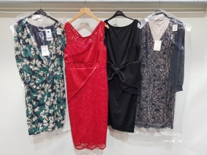 4 X BRAND NEW MIXED CLOTHING LOT CONTAINING GINA BACCONI FLORAL PRINT DRESS SIZE UK 16 £160 - COAST DRESS IN BLACK SIZE UK 12 £169 - MAIOCCI RED DRESS SIZE XL £199 - ETC