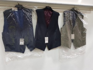 10 X BRAND NEW MIXED WAIST COAT LOT CONTAINING ALEXANDRE OF ENGLAND NAVY AND BLACK STRIPE WAIST COATS IN 52R £90 - SCOTT AND TAYLOR WAISTCOATS IN GREY SIZE 50-52-56 £35 -