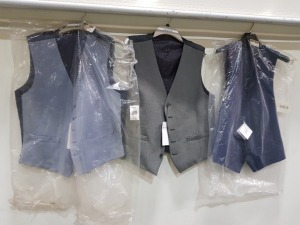 8 X BRAND NEW MIXED WAIST COAT LOT CONTAINING RICHARD JAMES WAISTCOATS IN GREY AND BLUE SIZE 42R 46R £135 - SCOTT AND TAYLOR WAIST COATS IN BLUE 42R £35