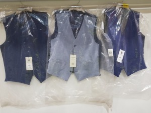 10 X BRAND NEW MIXED WAIST COAT LOT CONTAINING LIME HAUSE WAISTCOATS IN PLUM SIZE 40R £42 - SCOTT AND TAYLOR WAISTCOATS IN BLUE SIZE 40R £35 - ALEXANDRE WAISTCOATS IN NAVY SIZE 38R £32