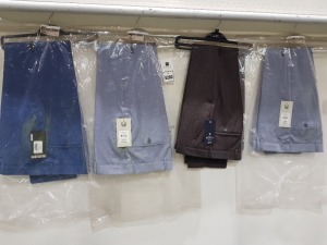 10 X BRAND NEW MIXED SUIT TROUSERS LOT CONTAINING SCOTT AND TAYLOR SUIT TROUSER IN BLUE SIZE 34R £35 - BEN SHERMAN SUIT TROUSERS IN BLUE 34R £56 - LIME HAUS SUIT TROUSERS IN COBALT SIZE 32R £40 ETC