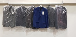 6 X BRAND NEW MIXED SUIT JACKET/BLAZER LOT CONTAINING ALEXANDRE OF ENGLAND IN GREY SIZE 48 £235 - 2 X CALVIN KLEIN IN NAVY SIZE 50 £350 - PIERRE CARDIN IN BLACK SIZE 56 £120 - ETC