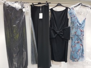 4 X BRAND NEW MIXED CLOTHING LOT CONTAINING 2X GINA BACCONI SHIFON LAYERED TROUSERS SIZE 10 RRP-£140 - 1X COAST GLAMOUR BOW DRESS IN BLACK SIZE 10 RRP--£169 1X ARELLA DRESS SIZE 18 RRP-£129