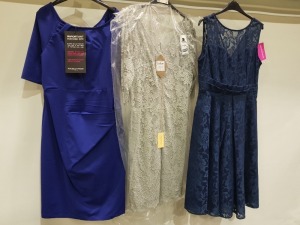 10 X BRAND NEW MIXED CLOTHING LOT CONTAINING JOLIE MOI DRESS IN BLUE SIZE 16 £95 - COAST MAXI DRESS IN NAVY SIZE 8 £149 - JOLIE MOI PARTY DRESS IN BLACK SIZE 14 £70 - ETC