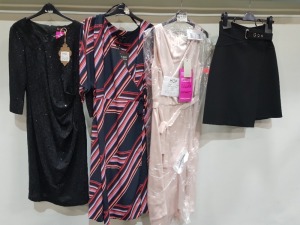 10 X BRAND NEW MIXED CLOTHING LOT CONTAINING COAST SAVANNAH SOFT MIDI DRESS SIZE 14 £99 - KAREN MILLEN PARTY DRESS SIZE 8 £225 - DOROTHY PERKINS KIMONUS SIZE 18 £45 ETC