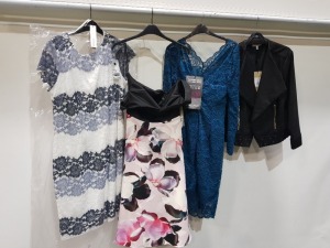 10 X BRAND NEW MIXED CLOTHING LOT CONTAINING COAST BUBBLE JACKET IN SIZE UK 18 £99 - JOLIE MOI V NECK LACE DRESS IN SIZE UK 10 £65 - JOLIE MOI LACE DRESS IN SIZE UK 12 £36 - ROMAN MIDI DRESS IN SIZE UK 18 £45 - ETC