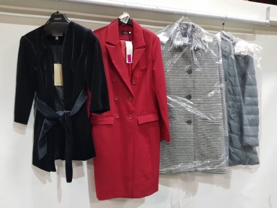 5 X BRAND NEW MIXED CLOTHING LOT CONTAINING COAST VIV VELVET TIE WRAP JACKET IN BLACK IN SIZE UK 8 £99 - TEDDY BORG JACKET IN BLACK/MILK IN SIZE UK 14 £149 - DAVID BARRY MICRO BUBBLE IN RED IN SIZE UK 12 £60 - BETTY BARCLAY WATERPROOF JACKETS IN SIZE UK 1