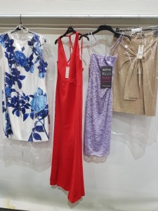 10 X BRAND NEW MIXED CLOTHING LOT CONTAINING HELEN MCALENDEN CARRLEY SKIRT SIZE 8 £165 - COAST MAXI DRESSES SIZE 16 £99 - BETTY BARCLAY CREW NECK T SIZE 12 £85 - ETC