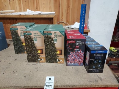 17 PIECE MIXED CHRISTMAS LIGHTS LOT CONTAINING 1000 LED TREEBRIGHTS 25M, 750 LED TREEBRIGHTS 18.7M , 200 LED SUPABRIGHTS 16M , 8 X 20CM TREE SPARKLE LIGHTS ETC ON A SHELF (CUSTOMER RETURNS)