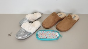 BRAND NEW ASSORTED AVON LOT INCLUDING 8 X STAR PENCIL CASES, 12 X MIDNIGHT LUXE MULE SILVER SLIPPERS AND 6 X MENS DUNLOP MENS SLIPPERS