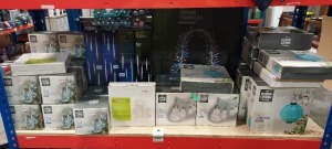 43 PIECE MIXED LIGHTS LOT CONTAINING PREMIER 60CM TWINKLING STARBURST BELL, PREMIER LIT METAL AMPERSANDS, LUMINEO 2.5M ICICLE SNOWING LIGHTS, THE OUTDOOR LIVING COMPANY 5 LED BULB LIGHTS, 10 BULB FESTOON LIGHTS AND SOLAR LANTERNS ON A FULL SHELF