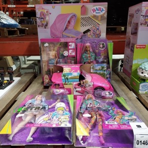 6 X PIECE MIXED BRAND NEW TOYS CONTAINING BABY BORN PRAM , 4 BARBIE DOLLS WITH ACCESSORIES , PINK BARBIE TOY CAR