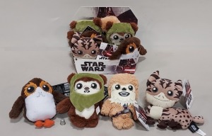 48 X BRAND NEW STAR WARS GALAXYS EDGE PLUSH TOYS BY MATTEL WITH SQUEEZABLE SOUND EFFECTS - WOOKIEE, EWOK (X2), PORG (X2), LOTH CAT - IN A RETAIL READY DISPLAY BOX - 6 IN A CARTON - TOTAL 8 CARTONS