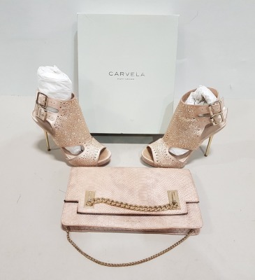 MISC LOT CONSISTING OF 1 X CARVELA KURT GEIGER BLUSH COLOURED CLUTCH BAG AND 1 PAIR OF CARVELA KURT GEIGER SIZE 4 STRAPPY HIGH HEELED SHOES BLUSH COLOURED WITH CRYSTAL DETAIL (MINOR USE)