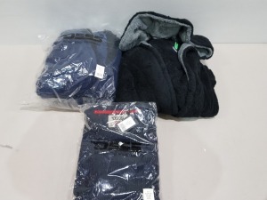 6 X BRAND NEW MIXED CLOTHING LOT TO INCLUDE 2X SUPER SOFT NAVY AND BLACK DRESSING GOWNS IN SIZES 2XL £49.99 EACH - 4X DUKE KNITTED JUMPERS IN SIZES 3XL £39.99 EACH