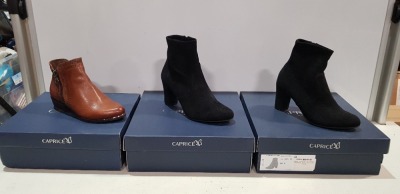 10 X BRAND NEW MIXED CAPRICE SHOE/BOOT LOT CONTAINING AMELIA ANKLE BOOTS SIZE 3.5 - £85 - SUEDE ANKLE BOOTS IN BLACK SIZE 3- £59 - OCEAN COMB TRAINER SIZE 4 - £69 ETC