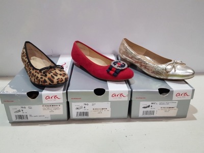 15 X BRAND NEW ARA SINCE 1949 BALLET PUMP'S IN VARIOUS COLOURS AND STYLES FOR EXAMPLE BLACK , RED, CAMEL AND GOLD , ANIMAL PRINT , VARIOUS SIZES FROM 4 TO 7 RRP EACH £49.95 - TOTAL FOR ALL £749.25