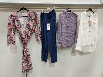 10 X PIECE CLOTHING LOT CONTAINING VARIOUS WOMEN'S CLOTHING SUCH AS FLORAL PLEAT DRESS BLUE SIZE 14 , ARMEDANGEL LONG DRESS LARGE , MASAI BLUE PANT PETRINA SIZE XS ETC TOTAL RETAIL WORTH £300