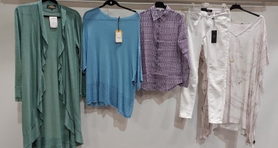 10 X PIECE CLOTHING LOT CONTAINING VARIOUS WOMEN'S CLOTHING SUCH AS SUMMER PONCHO WATER SWIRL PRINT TOP IN WHITE ONESIZE , FLYING FREE SHIMMER TOP IN INDIGO SIZE 12 , DAISY POPLIN BLOUSES MIXED FLOWER PATTERN DRESS SIZE SMALL , ETC TOTAL RETAIL WORTH £30