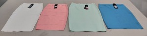 50 PIECE BRAND NEW LOT CONTAINING MIXED SIZES AND COLOURS OF BGDK BANDAGE SKIRTS IN WHITE , BLUE , MINTE , PINK , LIGHT GREY , NAVY YELLOW SIZES RANGE FROM XS TO XXL IN ONE BOX