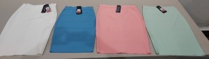 50 PIECE BRAND NEW LOT CONTAINING MIXED SIZES AND COLOURS OF BGDK BANDAGE SKIRTS IN WHITE , BLUE , MINTE , PINK , LIGHT GREY , NAVY YELLOW SIZES RANGE FROM XS TO XXL IN ONE BOX