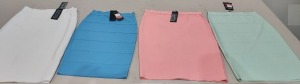 50 PIECE BRAND NEW LOT CONTAINING MIXED SIZES AND COLOURS OF BGDK BANDAGE SKIRTS IN WHITE , BLUE , MINTE , PINK , LIGHT GREY , NAVY YELLOW SIZES RANGE FROM XS TO XXL IN ONE BOX