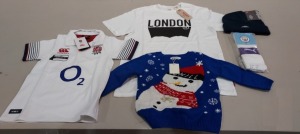 54 X PIECE BRAND NEW MIXED CLOTHING LOT CONTAINING 15 ACRYLIC BEANIE DARK NAVY BLUE , 16 2-3YEARS BLUE SNOWMAN JUMPER'S , 14 LEVI'S LONDON PRINT T SHIRT IN WHITE SIZE SMALL , ONE NEWCASTLE UNITED T SHIRT IN WHITE/BLACK 13/14YRS , TWO ENGLAND CONNECTED CA