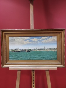 OIL PAINTING ON CANVAS, VIEW OF BOURNEMOUTH FROM THE SEA WITH PADDLE STEAMER AND SAILING BOATS. INDISTINCTLY SIGNED AND DATED 16 9 (18)93 11 1/2 X 23 1/2