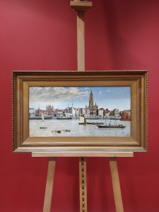 OIL PAINTING ON CANVAS ANTWERP WITH VIEW OF THE CATHEDRAL OF OUR LADY AND BUTCHER'S HALL FROM RIVER, WITH TWO MOORED YACHTS AND SMALL BOATS IN THE FOREGROUND. INDISTICTLY SIGNED AND DATED (18) 91 LOWER RIGHT 11 3/4 X 23 1/2