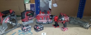 8 PIECE MIXED MILWAUKE TOOLS TO INCLUDE CIRCULAR SAW (M18 CCS55) / JIGSWA ( M18BJS ) / RECIPRICATING SAW (M18CSX ) / IMPACT DRIVER ( M18FID) / HAND HELD LED TORCH ( M18TLED) / 6 PORT BATTERY CHARGER ( M1418C6 ) / 5.0 AH RED LITHIUM-ION BATTERY AND 4.0 AH