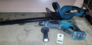 2 PIECE MIXED LOT CONTAINING 1 X MAKITA HEDGE STRIMMER ( DUH523 ) WITH BATTERY / 1 X MAKITA SDS HAMMER DRILL ( DHR202 ) NO BATTERY