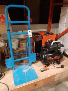 2 PIECE LOT CONTAINING STAIR STACKER TRUCK AND 1 X BLACK AND DECKER 12L COMPRESSOR ( AIR COOLED ) ( NOTE PRESSURE GAUGE CONTROLLER BROKEN - SPARES & REPAIR )