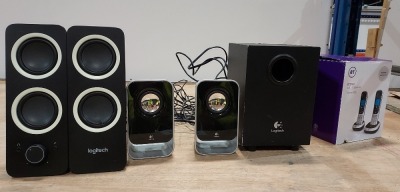 5 PIECE MIXED LOT CONTAINING 2 SETS OF 2 LOGITECH SPEAKERS / 1 X LOGITECH BASS BOOSTER / 2 X BT SET OF 2 HOME TELEPHONES ( BT2200 )