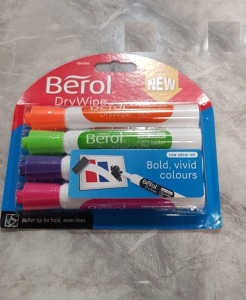 240 X BRAND NEW PACKS OF 4 BEROL DRY WIPE WHITEBOARD MARKERS - IN ORANGE GREEN PURPLE AND PINK - IN 20 BOXES