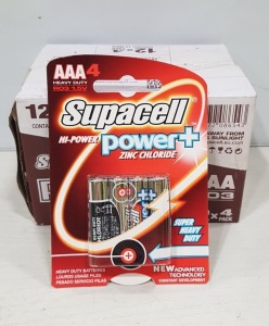 96 X BRAND NEW PACKS OF 4 SUPACELL POWER PLUS ( TRIPLE AAA ) ZINC CHLORIDE BATTERIES ( 384 BATTERYS TOTAL ) - IN 8 BOXES