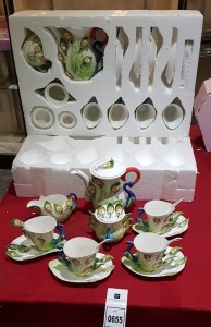 2 X SET OF 7 PORCELIN PEACOCK SETS TO INCLUDE TEA POT /GLASSES / SUGAR CUP AND MILK POT