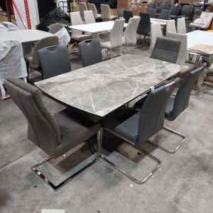 1 X GRANITE TOP VALERIUS EXTENDING DINING TABLE IN ITALIAN DARK GREY ( L 1.7 M - 2.0 M / W 90 CM / X H 77 CM ) WITH 4 FAUX LEATHER GREY CHAIRS AND 2 X SUEDE GREY CHAIRS