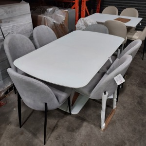 1 X LAZZARO DINING TABLE IN WHITE EXTENDING 1600/2000 X 900mm WITH 6 GREY CHAIRS (PLEASE NOTE CUSTOMER RETURNS)