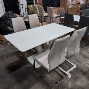 1 X RAFAEL DINING TABLE IN WHITE EXTENDING 1200/ 1600 X 800mm WITH 4 FAUX LEATHER CREAM CHAIRS (PLEASE NOTE CUSTOMER RETURNS)