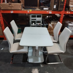 1 X RAFAEL DINING TABLE IN WHITE EXTENDING 1200/ 1600 X 800mm WITH 4 FAUX LEATHER WHITE CHAIRS (PLEASE NOTE CUSTOMER RETURNS)