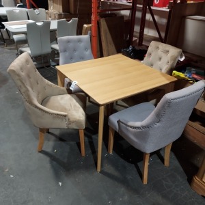 1 X WOODEN DINING TABLE ( 90 X 90 CM ) WITH 2 VELVET CHAIRS IN BROWN AND 2 FABRIC CHAIRS IN GREY ( PLEASE NOTE THIS IS CUSTOMER RETURN)