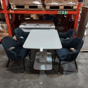 1 X RAFAEL DINING TABLE IN LIGHT GREY EXTENDING 1200/ 1600 X 800mm WITH 4 VELVET ARM CHAIRS (PLEASE NOTE CUSTOMER RETURNS)