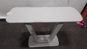 1 X LAZZARO LIGHT GREY GLASS TOP CONSOLE TABLE ( L 110 CM X W 40 CM X H 76 CM ) ( PLEASE NOTE THIS IS CUSTMER RETURN )