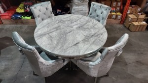 1 X ARTURO ROUND MARBLE TOP DINING TABLE WITH 4 SILVER VELVET BUTTONED BACK CHAIRS ( DIAMETER 130 CM - HEIGHT 78 CM) (PLEASE NOTE CUSTOMER RETURNS )