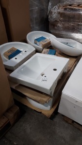 13 PIECE BRAND NEW MIXED SINKS TO INCLUDE 7 X TWYFORD ALCONA 2 TAP SINKS (AR4212WH) AND 1 X VILLEROY AND BOCH 1 TAP SINK (71135501) AND 5 X ARMITAGE SHANKS SANDRINGHAM 21 SET OF 2 TAPS -ON 1 PLT