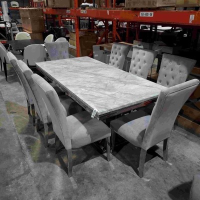 1 X GRANITE TOP OTTAVIA DINING TABLE IN GREY AND WHITE ( L 200 CM X W 100 CM X H 78 CM) WITH 8 VELVET DINING CHAIRS ( PLEASE NOTE THIS IS CUSTOMER RETURN )