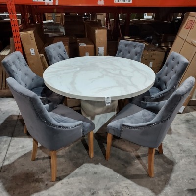 1 X ROUND MARBLE CARRA DINING TABLE IN GLOSS FINISH IN BONE WHITE ( DIAMETER 130 CM / H 76 CM ) WITH 6 VELVET BUTTON BACK CHAIRS (PLEASE NOTE THIS IS CUSTOMER RETURN )