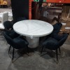 1 X ROUND MARBLE CARRA DINING TABLE IN GLOSS FINISH IN BONE WHITE ( HAIRLINE CRACK ON EDGE ) ( DIAMETER 130 CM / H 76 CM ) WITH 5 VELVET DINING ARM CHAIRS (PLEASE NOTE THIS IS CUSTOMER RETURN )