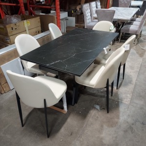 1 X ICARUS EXTENDING BLACK CERAMIC GLASS DINNING TABLE (1.6 M - 2.4 M EXTENDED LENGTH / WIDTH 90 CM / HEIGHT 76 CM ) WITH 6 FAUX LEATHER CREAM DINING CHAIRS ( PLEASE NOTE THIS IS CUSTOMER RETURN )