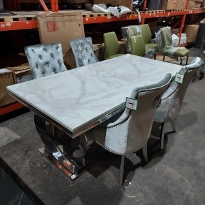 1 X ARRIANA MARBLE TOP DINING TABLE ( SLIGHT CHIP ON CORNER ) ( L 200 CM X W 100 CM X H 77 CM ) WITH 4 VELVET BUTTONED BACK CHAIRS ( PLEASE NOTE THIS IS CUSTOMER RETURN )